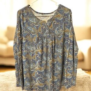 Elegant Paisley Print Blouse in Blue and Gold